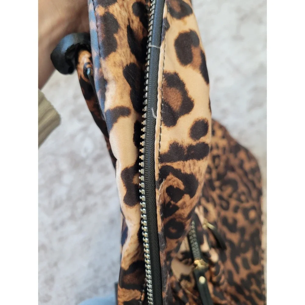 Adrienne Vittadini Leopard Print Nylon Backpack Travel Bag Gold Hardware